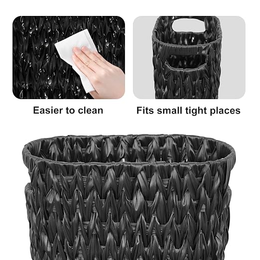 Coeusy 5 Gallon Wicker Trash Can,Black Bathroom Trash Can,Wicker Trash Basket with Handles,Handwoven Small Waste Basket for Bathroom,Bedroom,Kitchen,Office,20 Liters