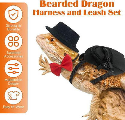 PINVNBY 5 Pack Bearded Dragon Leash and Harness Set Bearded Dragon Leash Backpack with Adjustable Hat & Bow Tie Mini Skateboard Toy Reptile Accessories for Lizard Reptile Outdoor Adventures