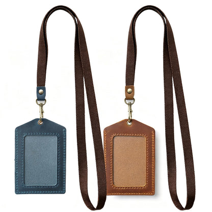 Jack&Chris Genuine Leather Badge Holder, Detachable Keychain Lanyards for ID Badges for Easy Access, Vertical ID Badge Holder for Nurse Officer Teacher Security Staff Women Men, 2 Pack Blue+Browm