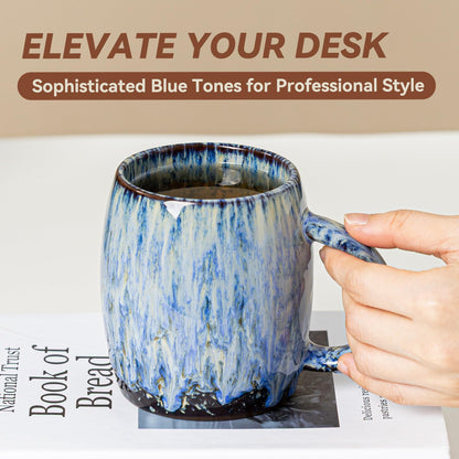 Unique Reactive Glaze Ceramic Coffee Mug - 14 oz Large Coffee Cup with Ergonomic Handle, Deep Sea Blue Mug for Coffee, Tea, Milk - Perfect Birthday & Housewarming Gift for Friends, Women, Men