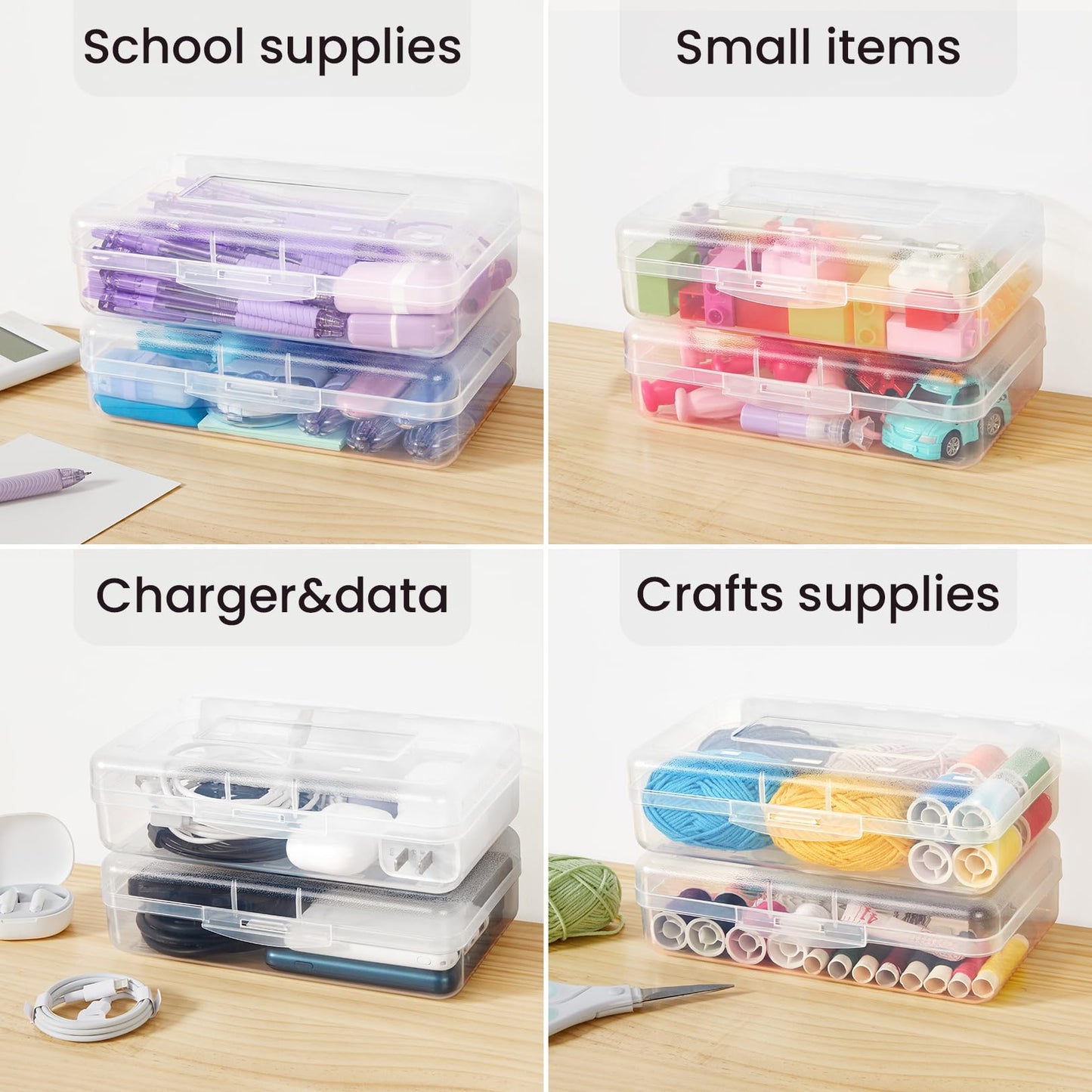 Sooez 6 Pack Pencil Box, Hard Pencil Boxes for School Supplies Bulk, Large Plastic Pencil Case with Lid, Clear Pencil Container, Stackable School Crayon Boxes Bulk for Kids