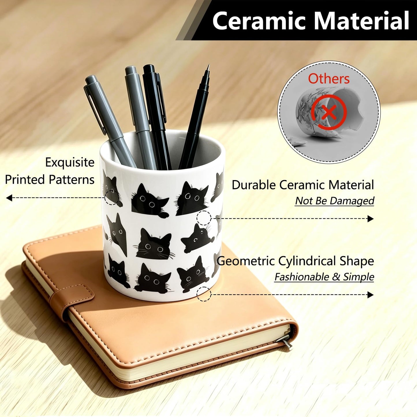 vnbsdwi Ceramic Pencil Holder for Desk Cute Pen Holder Black Cat Pencil Cup Pot Desk Organizer Large Capacity Ceramic Makeup Brush Holders Multifunctional Office Supplies for Home School