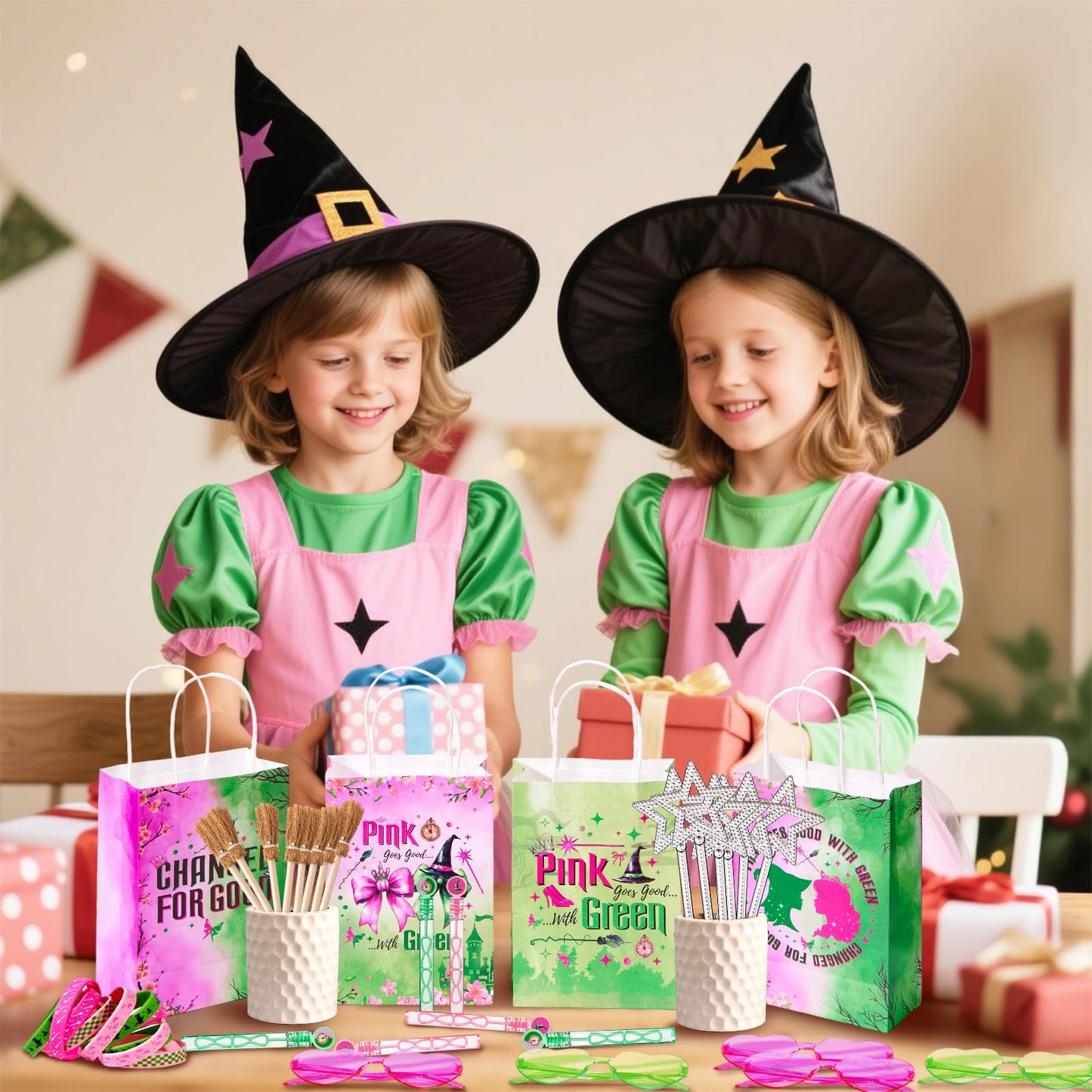 Vanblue 72Pcs Pink and Green Witch Party Favors Birthday Decorations,Star Wands,Glasses Goodie Bag Stuffers Pinata,Classroom Rewards for Kids Student Birthday Gift School Party Supplies