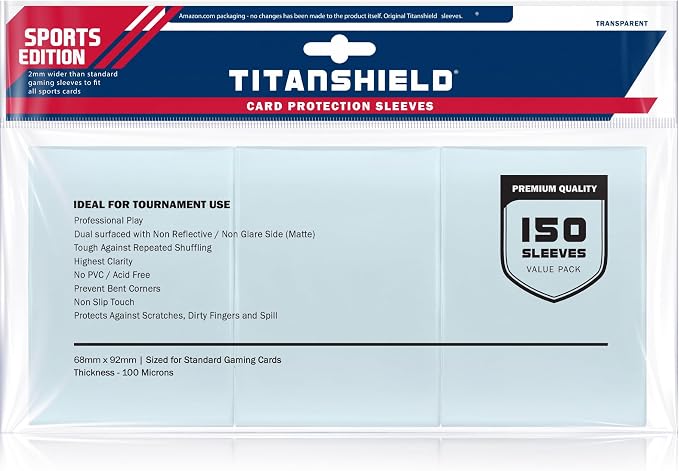 TitanShield Premium Card Sleeves | Compatible with Pokemon, One Piece, Lorcana, Flesh & Blood, & Magic The Gathering MTG | (150 Sleeves - Standard) (1, Clear, Sports Edition (2mm Wider) | 68x92mm)