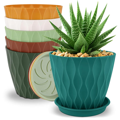 YNNICO 6 inch Plant Pots, 6 Pack Flower Pots Outdoor Indoor, Planters with Drainage Holes and Tray Saucers-Multicolor