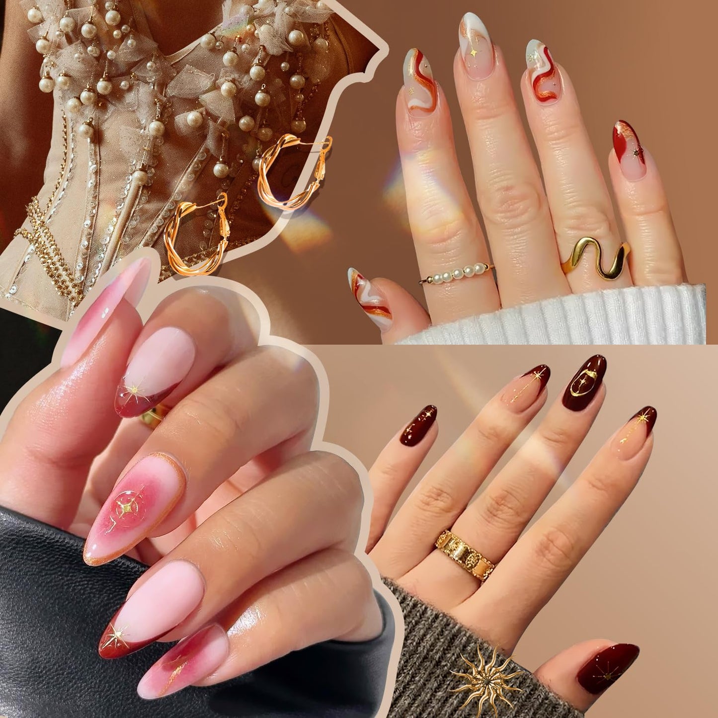 Modelones Gel Nail Polish Kit with UV Light, Milky White Nude Glitter Pink Red Gold Fall Metallic Manicure Set with Base Top Coat Star Stickers 4 Colors Gel Mini Salon Nail Art Gift for Women Girl