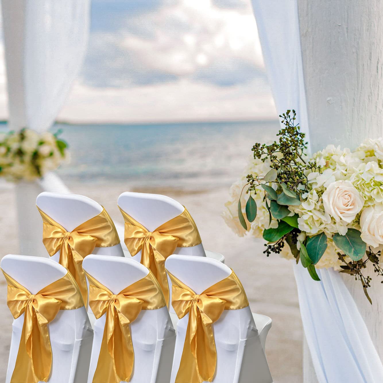 Maiangel Satin Chair Sashes Bows 50PCS Chair Ribbon Ties Back Sash for Wedding Party Events Cover Decoration (Gold)