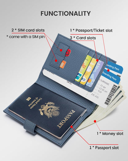 Karmiir RFID Slim Passport Holder for Man & Women, Compact Leather Passport Wallet with Card Holders SIM Slots, Zippered Coins Pocket and Cash Holder Travel Passport Cover Case, Dark Blue
