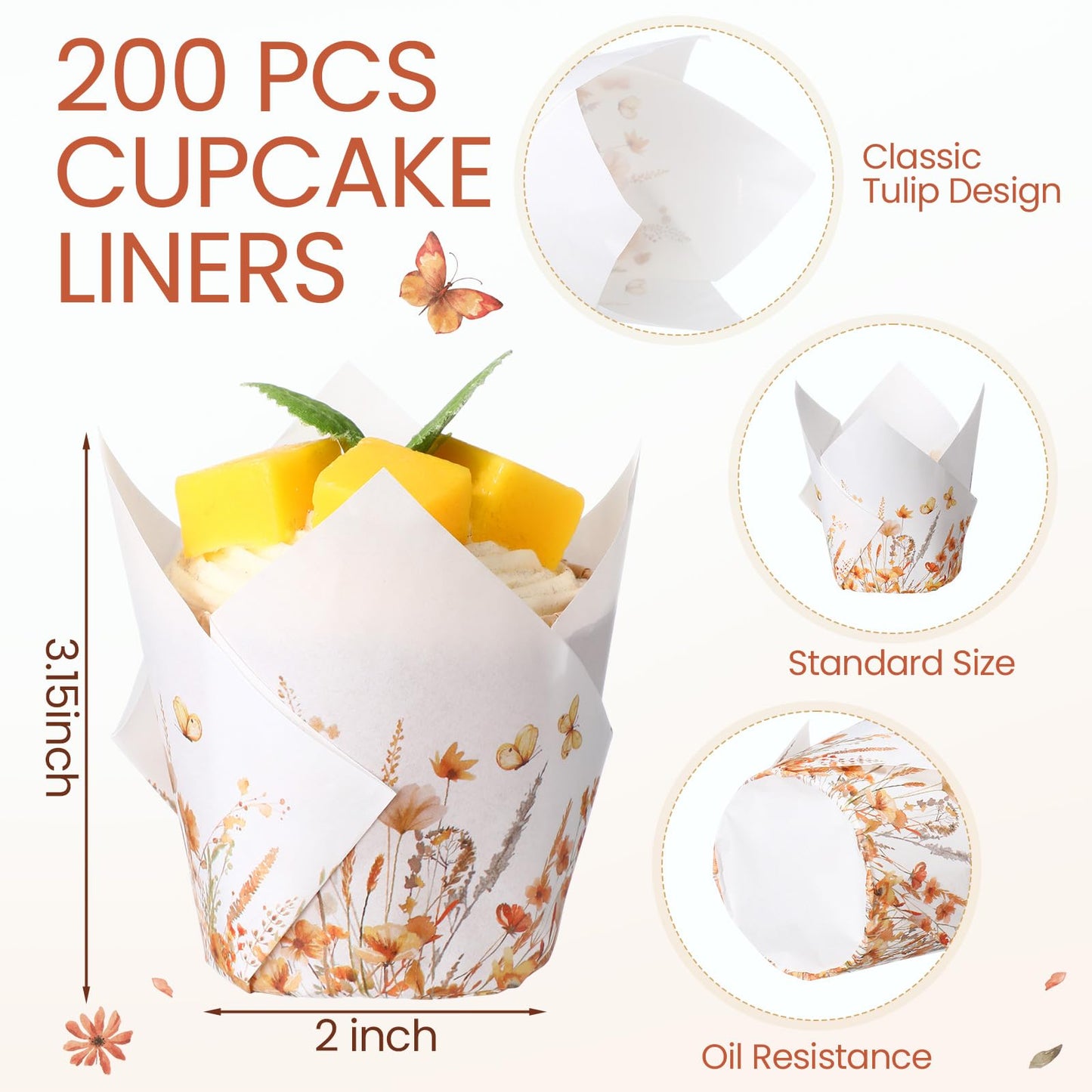Maxdot 200 Pcs Fall Floral Tulip Cupcake Liners for Baking Autumn Wildflower Paper Muffin Baking Cups Flower Tulip Muffin liners Wrappers for Thanksgiving Baby Shower Wedding Birthday Party Decor