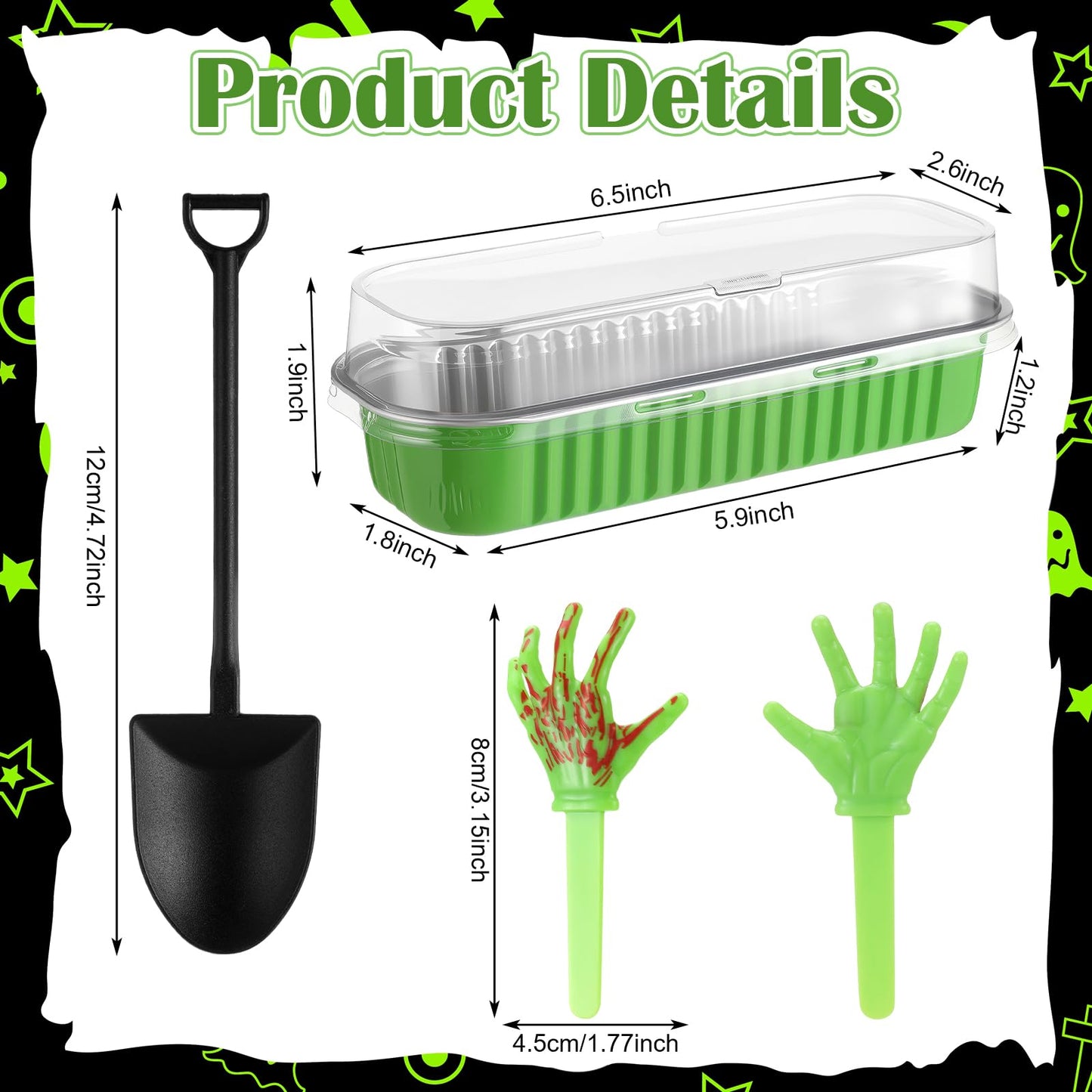SiliFine 24 Set Halloween Zombie Hands Decor Green Skeleton Hands Cake Toppers Halloween Baking Pans with Lids Shovel Spoons Horror Spooky Decoration for Zombie Birthday Party(Green)