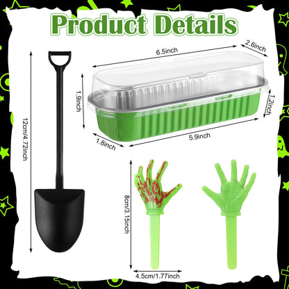 SiliFine 24 Set Halloween Zombie Hands Decor Green Skeleton Hands Cake Toppers Halloween Baking Pans with Lids Shovel Spoons Horror Spooky Decoration for Zombie Birthday Party(Green)