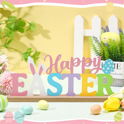 MiniInflat Happy Easter Metal Sign Rustic Table Decor Holiday Tiered Tray Decor with Wooden Base Freestanding Metal Word Sign for Home Tabletop Centerpiece Mantel Shelf Fireplace