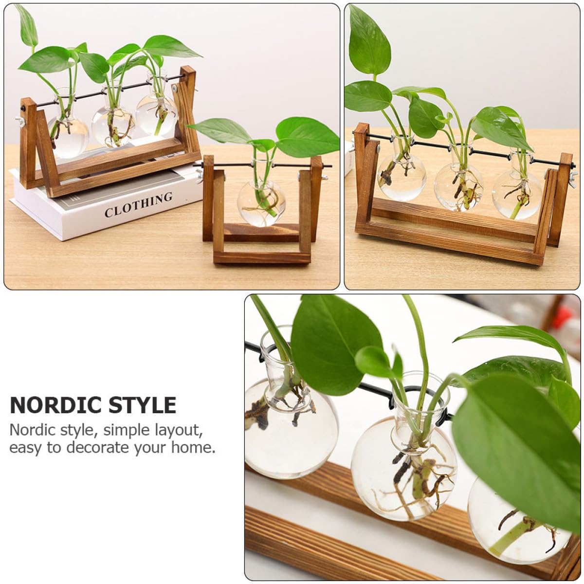 Cabilock Glass Hydroponic Vase Planter with Wooden Stand, Desktop Decorative Green Plant Container for Home and Office Flower Arrangement