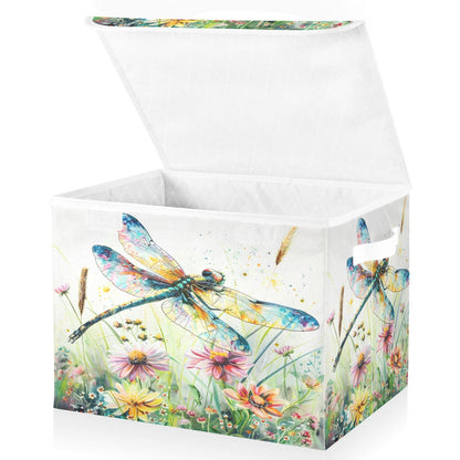 senya Baskets Collapsible Storage Bins with Lids, Dragonfly Wildflowers Painting Storage Boxes Clothes Baskets for Organizing