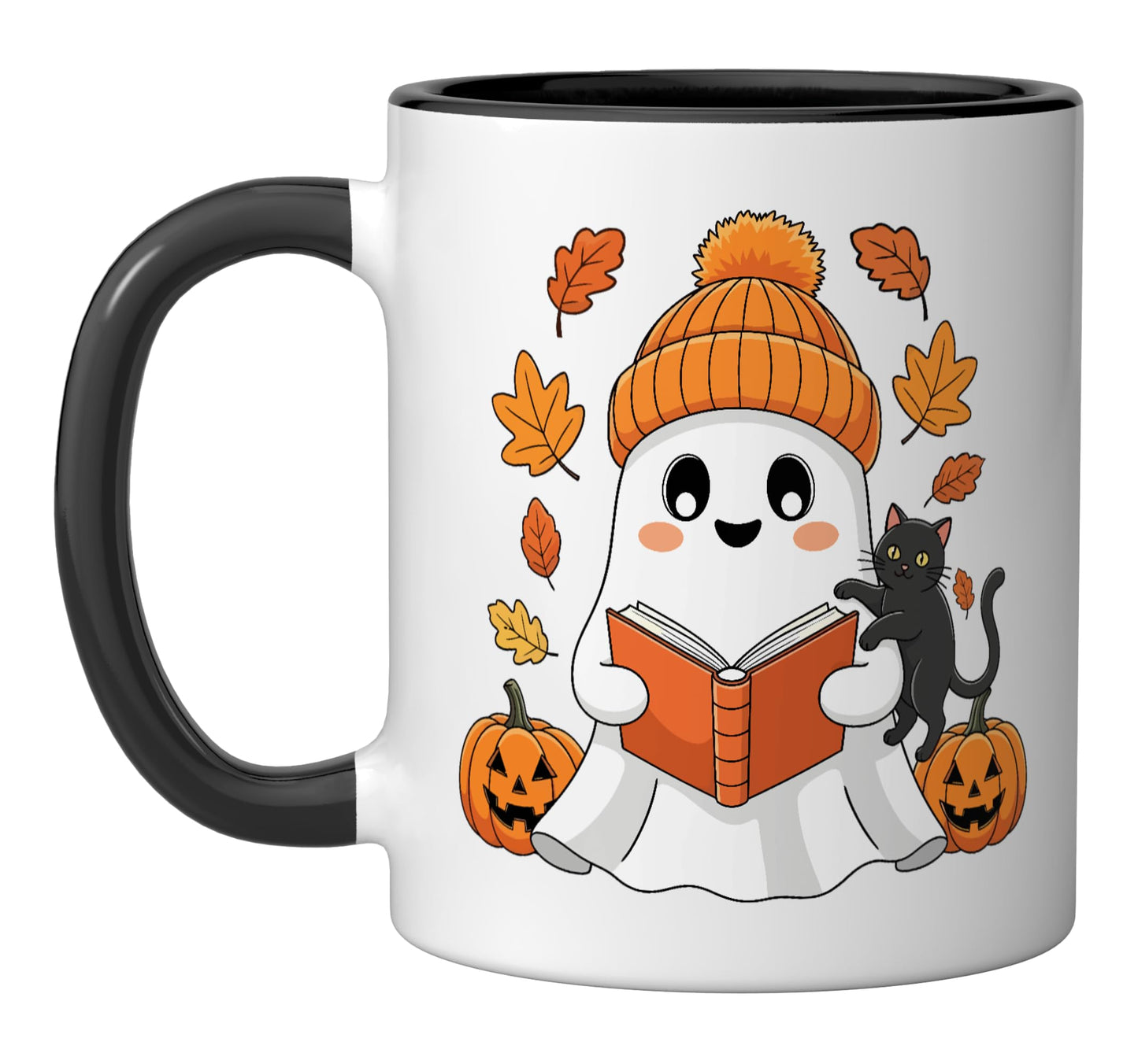 Kawaii Ghost Reading With Black Cat Halloween Ceramic Mug, Black/White