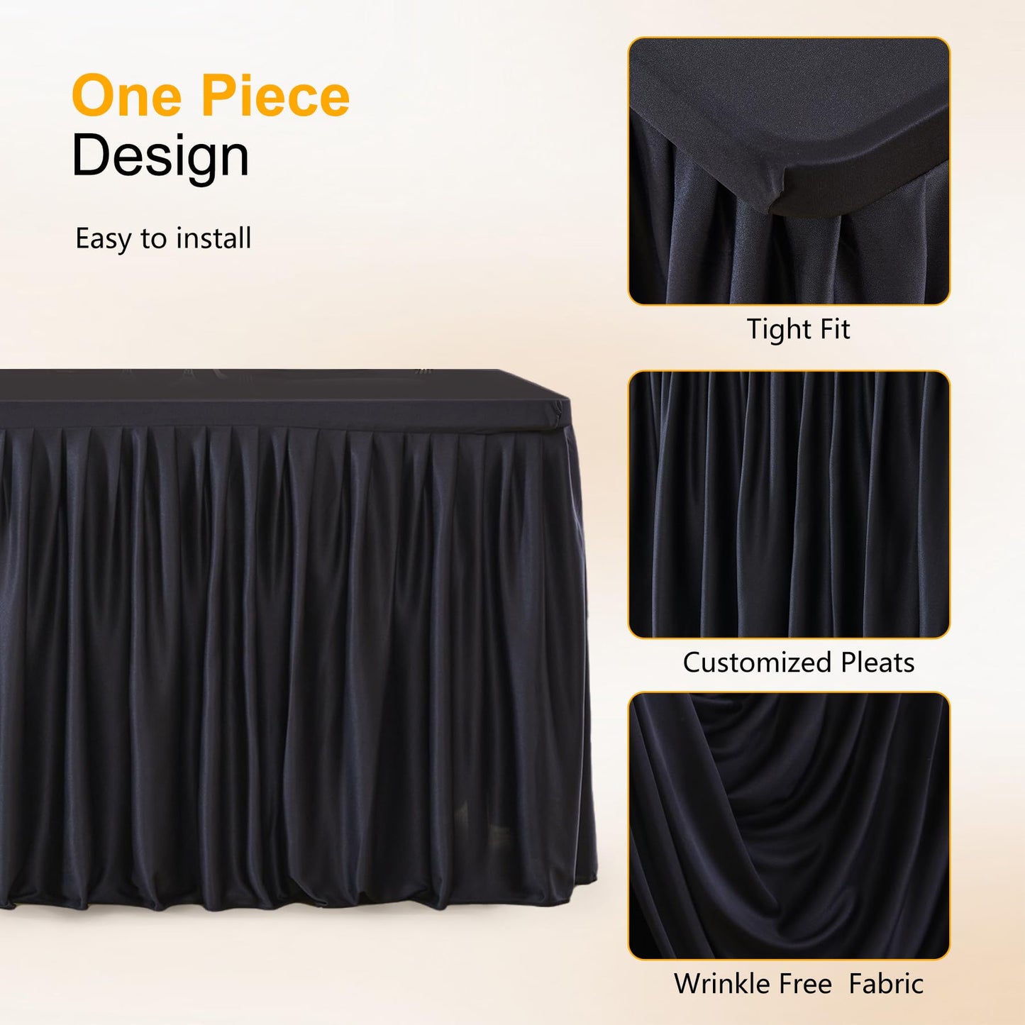Wish Care Black Table Clothes for Rectangle Tables 6ft, Wrinkle Resistant Fitted Table Cloth with Pleated Ruffle Skirts for Banquet Wedding Baby Shower Folding Tables