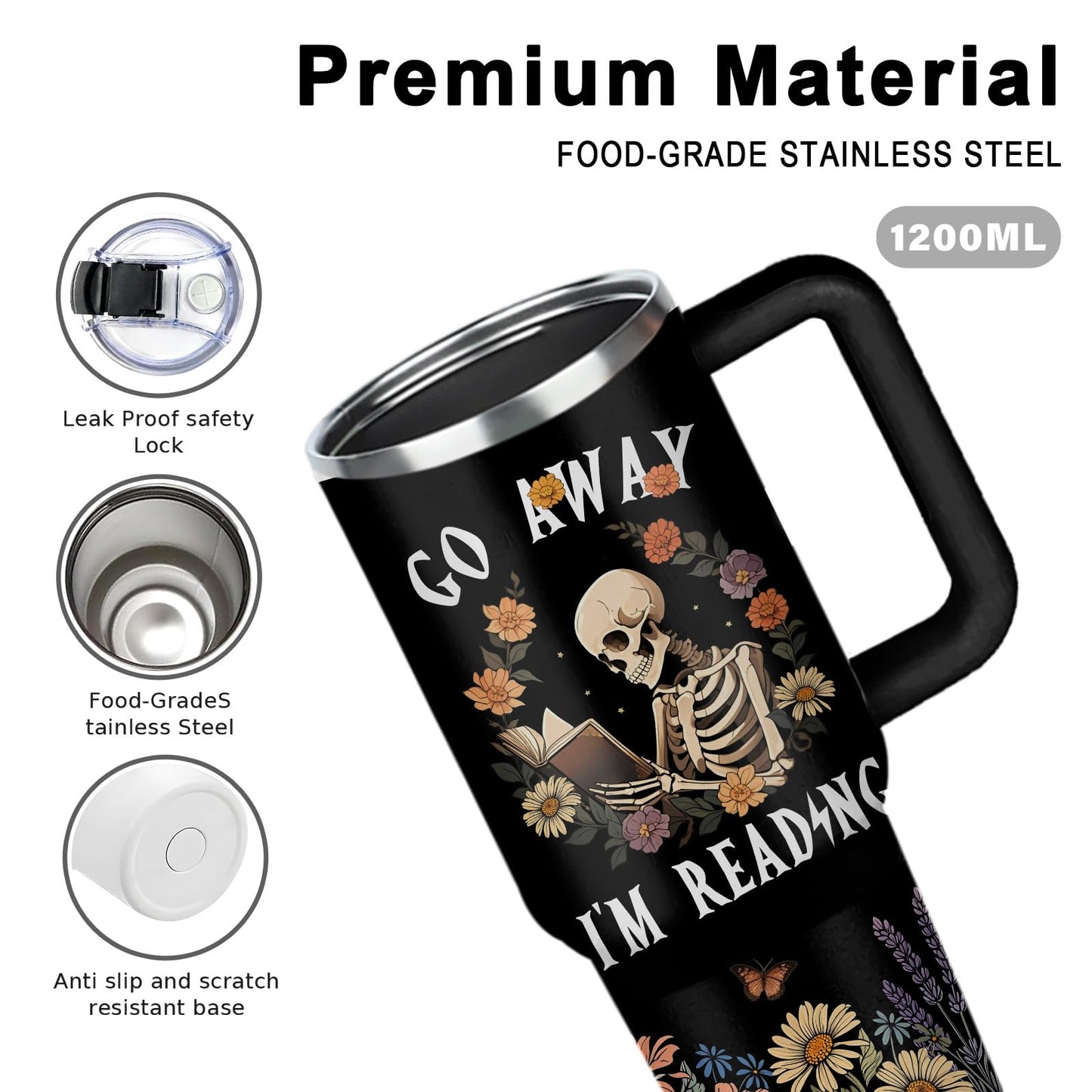 WWHSAI Skull Floral Tumbler 40oz with Lid & Straw - Go Away I'm Reading Skeleton Reading Gifts, Halloween Christmas Ghostface Decoration Horror Gifts Idea for Men Women Gothic Skulls