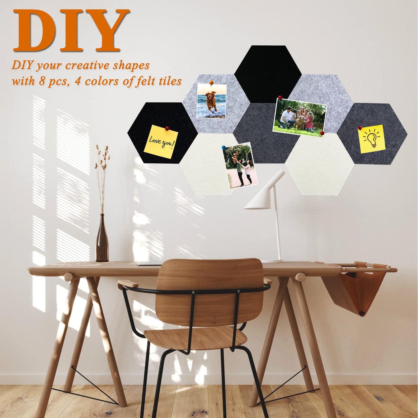 HULAVO 8Pcs Hexagon Felt Cork Board Tiles, Self Adhesive DIY Bulletin Board Pin Board for Office School Home Wall Decor Stickers Memos Photos Display (Gradual Grey)