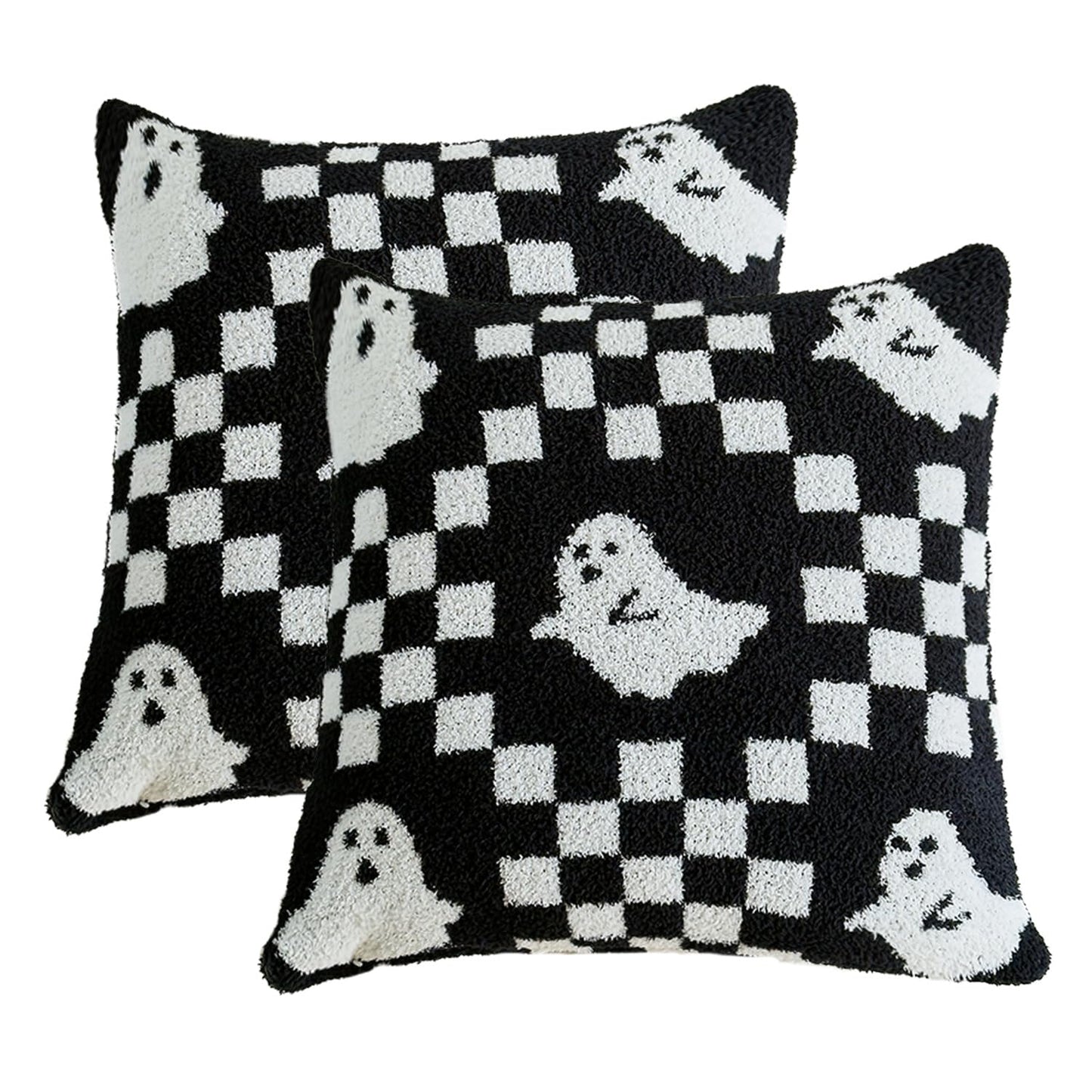 Ultra Soft Cozy Checkered Ghost Happy Halloween Knitted Throw Pillow Cover Fluffy Microfiber Checkerboard pillocase Lightweight Decorative for Sofa Bed 18 Inches Both Sides Black