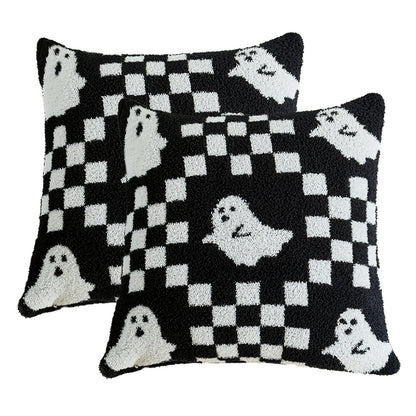 Ultra Soft Cozy Checkered Ghost Happy Halloween Knitted Throw Pillow Cover Fluffy Microfiber Checkerboard pillocase Lightweight Decorative for Sofa Bed 18 Inches Both Sides Black