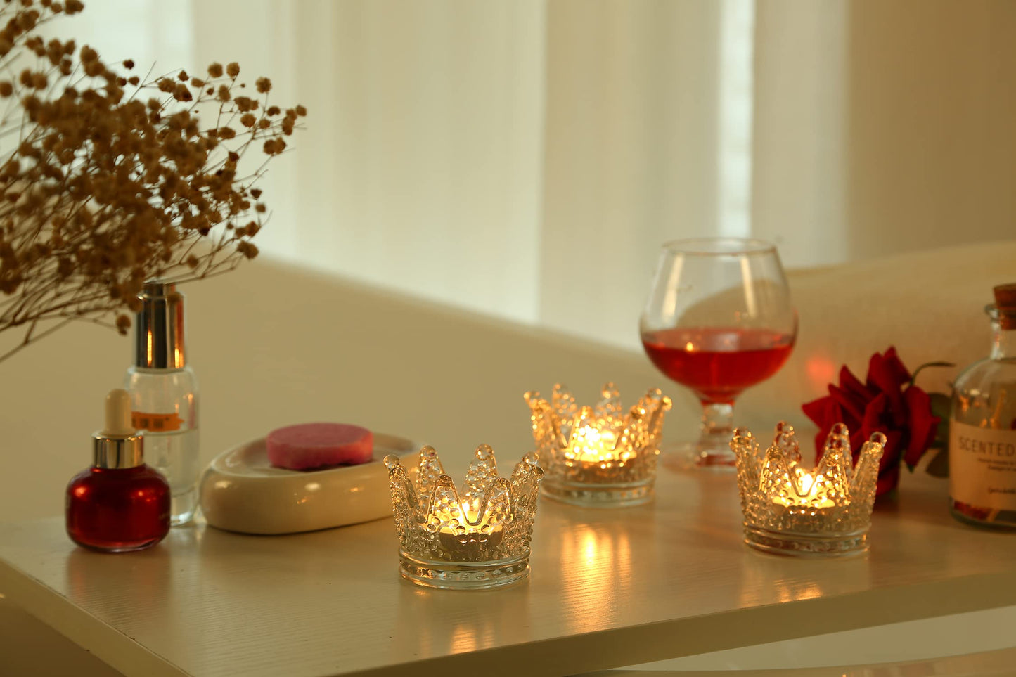 GOLDEAL 12 Pcs Crown Tealight Candle Holders,Votive Candle Holders，Clear Glass,IdealHolder for Wedding Centerpieces,Party,Dinner, Christmas Decorations