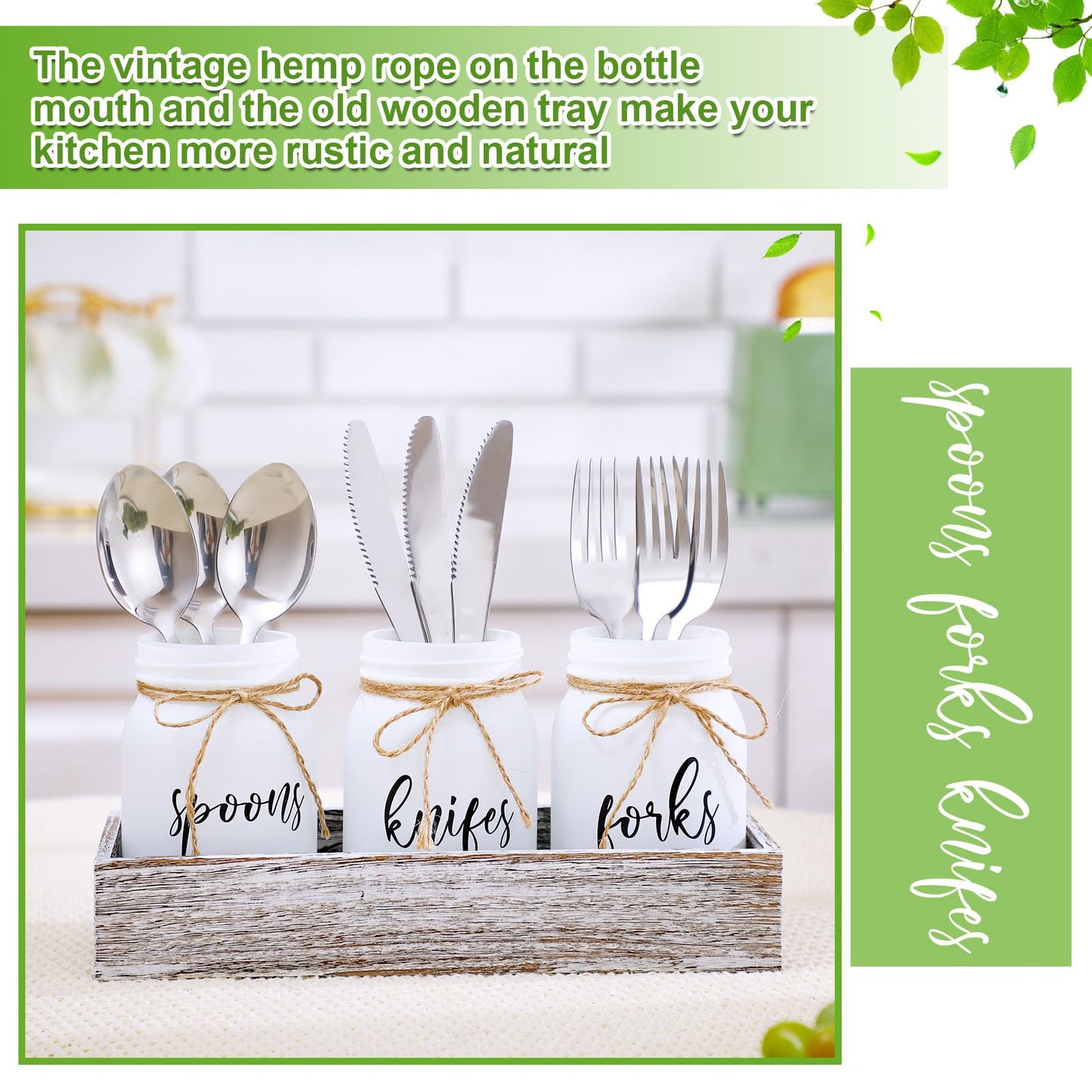 Tiangrid 4 Pcs Silverware Utensil Holder Mason Jar with Wooden Utensil Organizer for Kitchen Countertop Forks Spoons Knives Storage White Farmhouse Kitchen Caddy Glass Cooking Decor for Party