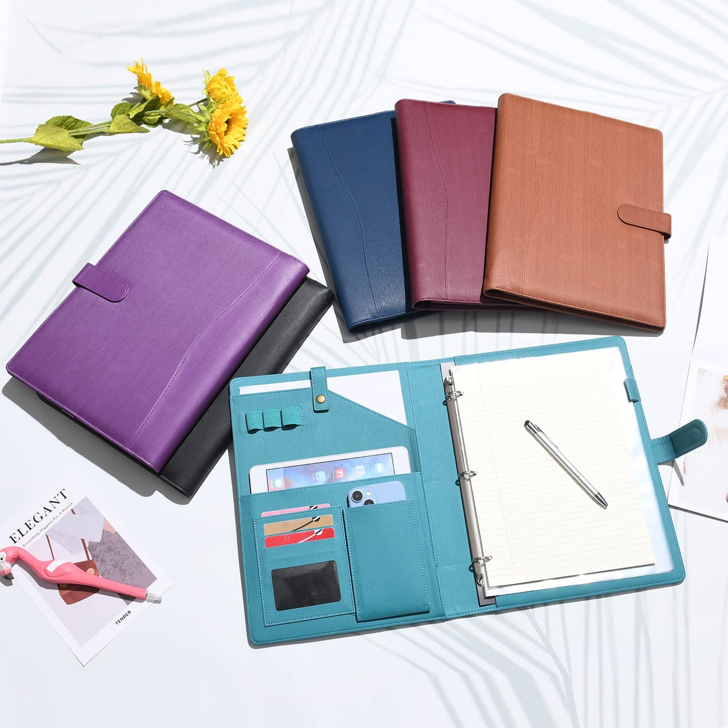 Wonderpool A4 PU Leather Portfolio Holder Ring File Document Case with Removable Binder Clipboard, Multi Pocket and Legal Pad for Business Organizer Interview and Meeting (Cyan)