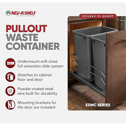 Rev-A-Shelf Double 35 Qt Pullout Trash Cans with Soft-Close for Under Kitchen Cabinets, Min Opening Width of 14.5", Orion Gray, 53WC-1835SCDM-213