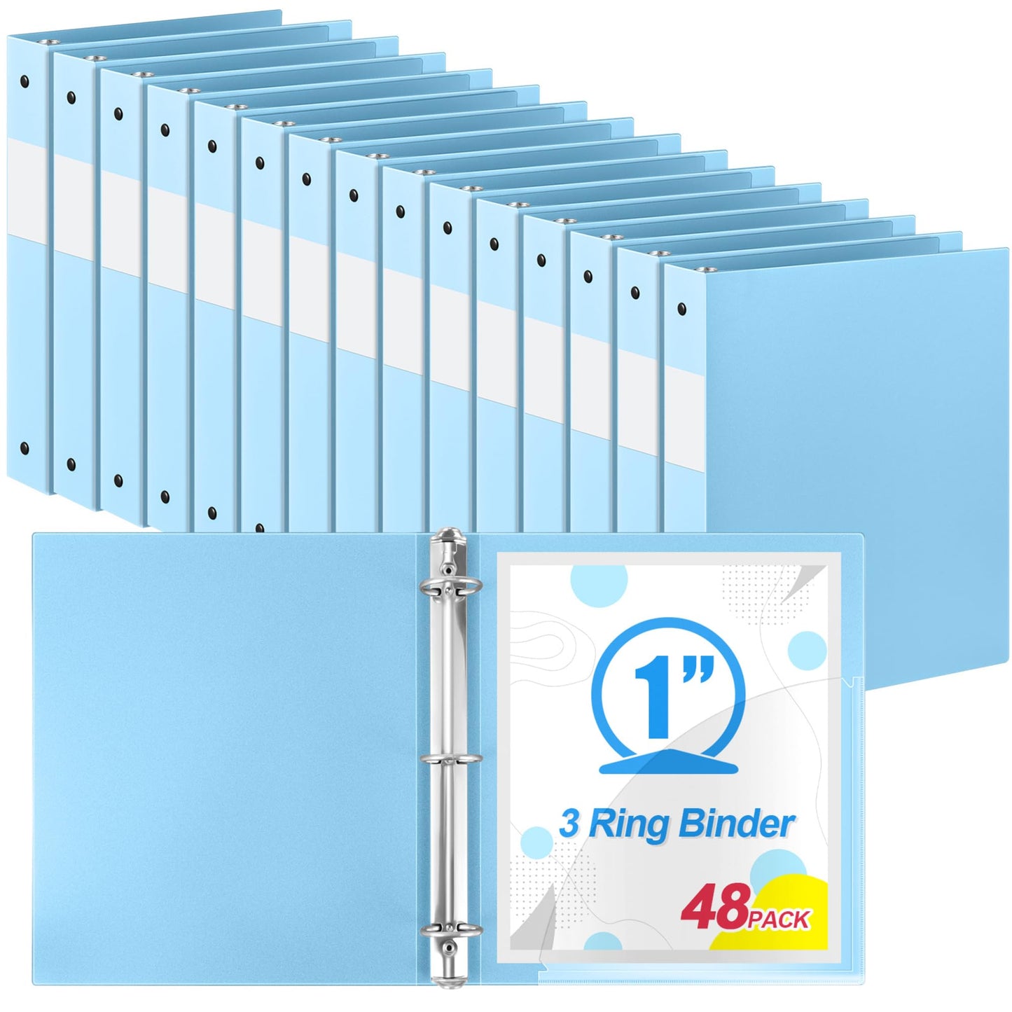 Henoyso 48 Pack 1 Inch 3 Ring Plastic Binders, Bulk Flexible PP Binders for Classroom & School Supplies, Letter Size 8.5 x 11, Holds 240 Sheets with Interior Pocket (Light Blue)