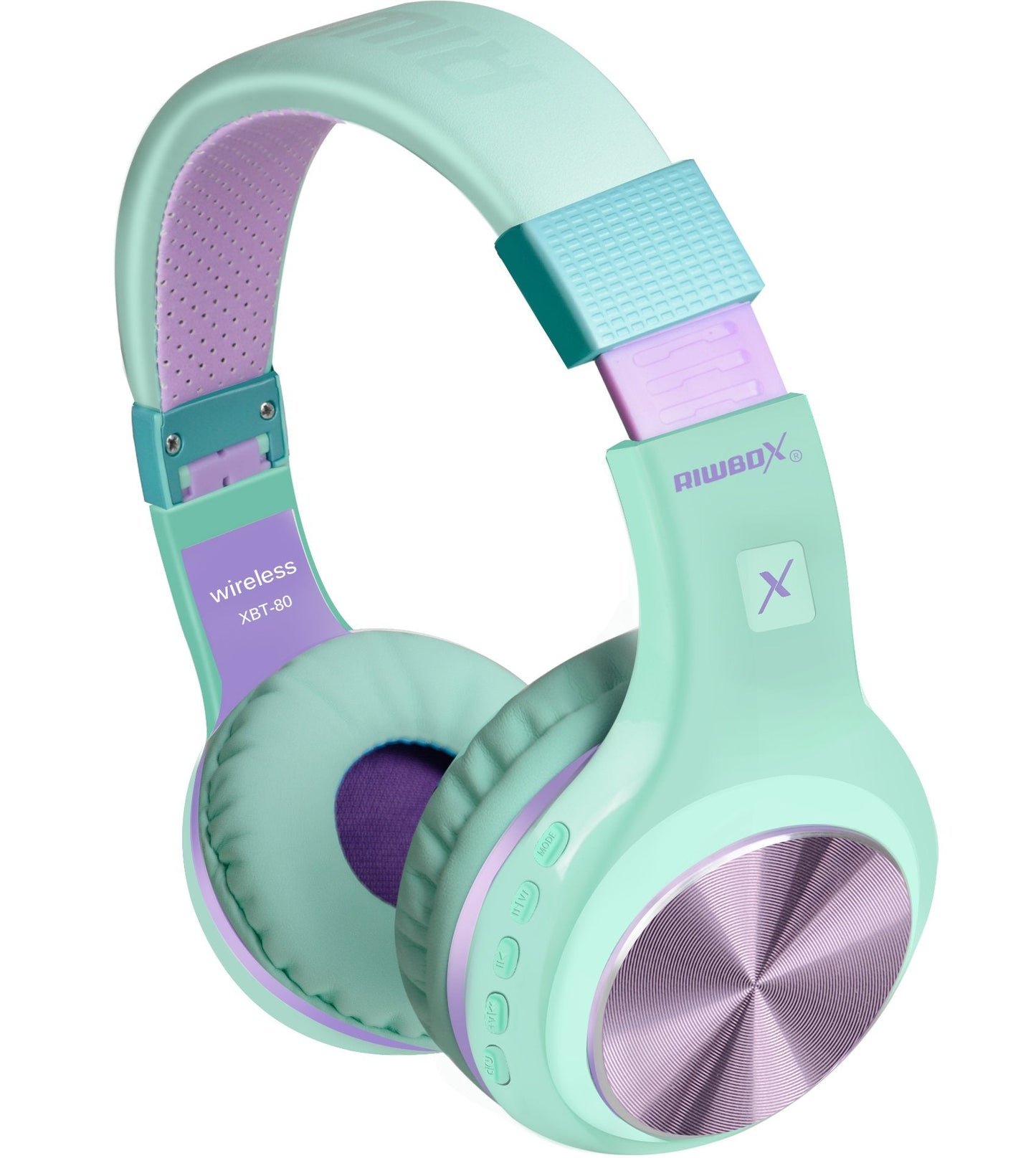 Riwbox Bluetooth Headphones, XBT-80 Folding Stereo Wireless Bluetooth Headphones Over Ear with Microphone and Volume Control, Wireless and Wired Headset for PC/Cell Phones/TV/Gym (Purple Green)