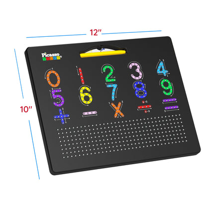 PicassoTiles 2in1 Magnetic Drawing Board Toy 12x10 In Large Magnet Bead Pad with Alphabet and Math Side in Black STEM Educational Writing Playboard Reusable Erasable Learning Tablet for Kids PTB02-BLK
