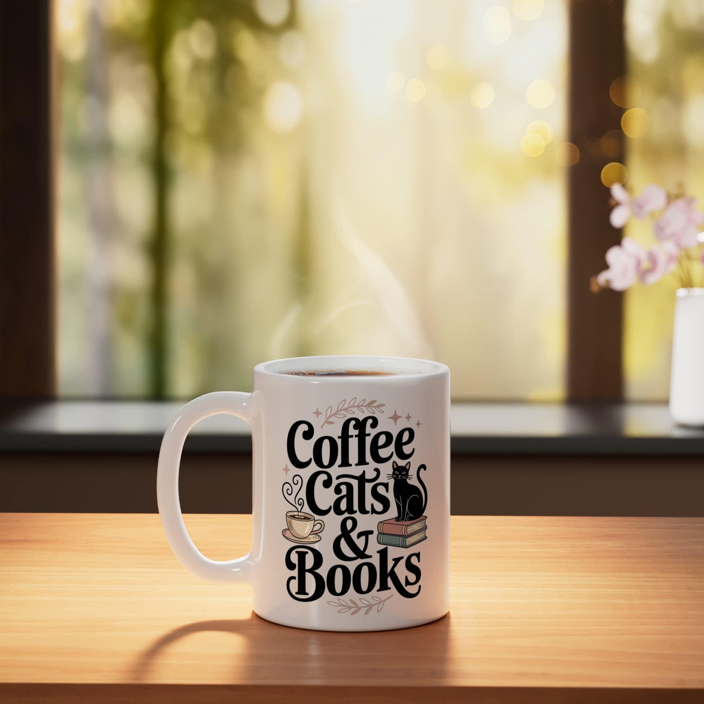 Coffee Cats & Books Funny Book Lover Reading Humor Ceramic Mug, White