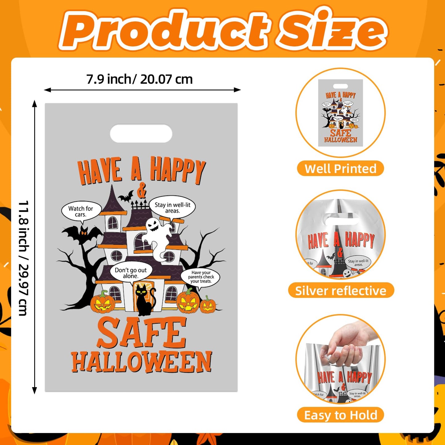 Hosuly 100 Pcs Halloween Reflective Goodie Bags Bulk Have a Safe&happy Halloween Plastic Gift Bags Safety Tips Treat with Handles for Trick or Treat Theme Party Favors