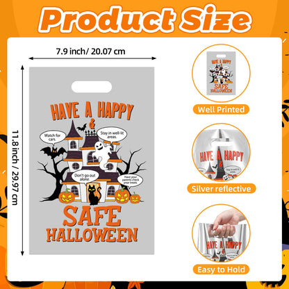 Hosuly 100 Pcs Halloween Reflective Goodie Bags Bulk Have a Safe&happy Halloween Plastic Gift Bags Safety Tips Treat with Handles for Trick or Treat Theme Party Favors