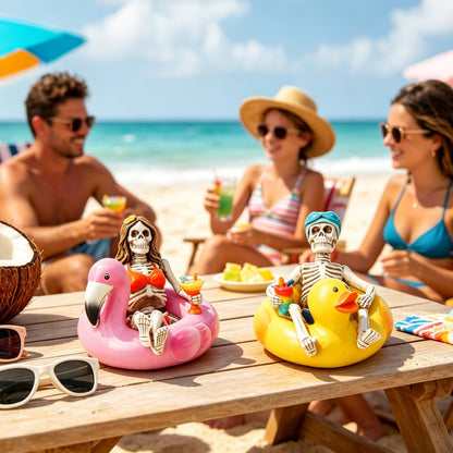 Summer Home Decor Halloween Skeleton-Statues - 2PC Summerween Collectible Figurines Couple on Yellow Duck & Pink Flamingo Floats Sulpture for Coastal Tropical Beach Halloween Decor Newman House Studio
