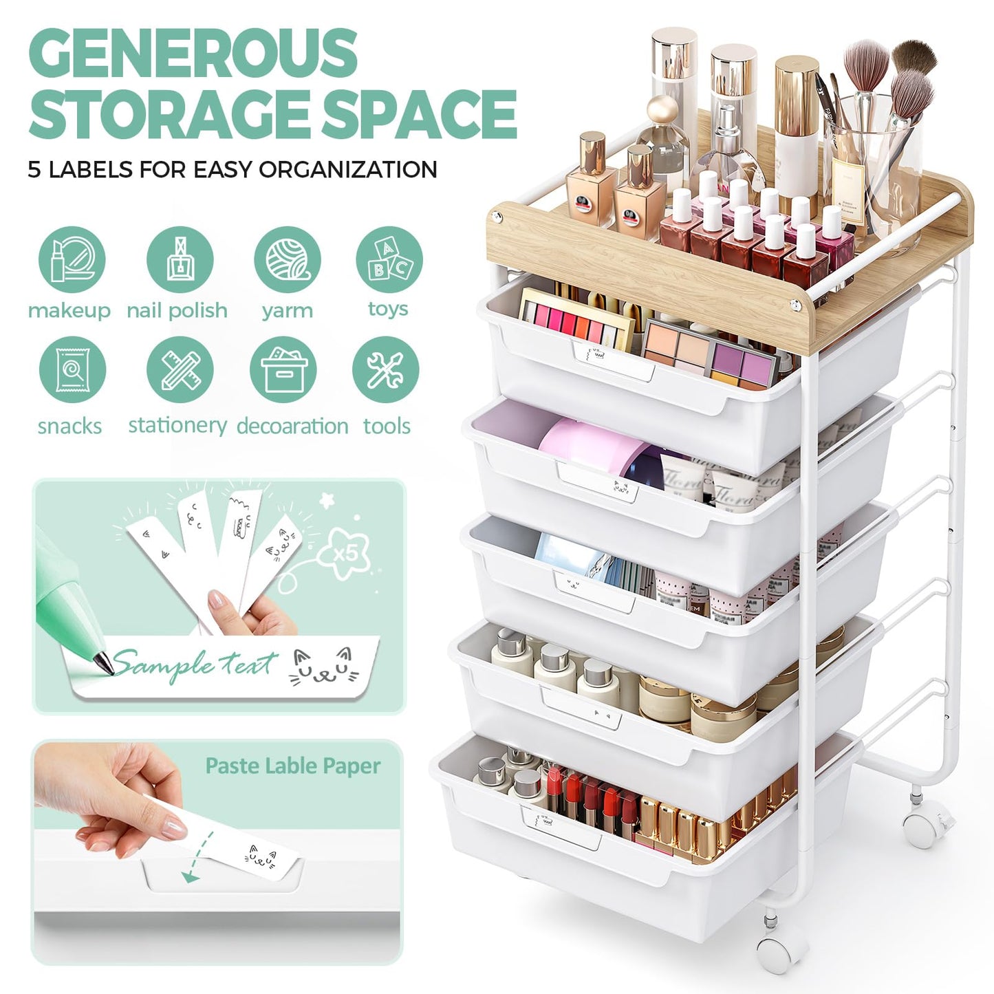 APEXCHASER Utility Cart with 5 Drawers,Rolling Storage Cart for Crafters Artists Kids Teacher Student Storage Arts Crafts & Sewing Study Supplies in Craft Room Dorm Classroom Kids Room-White