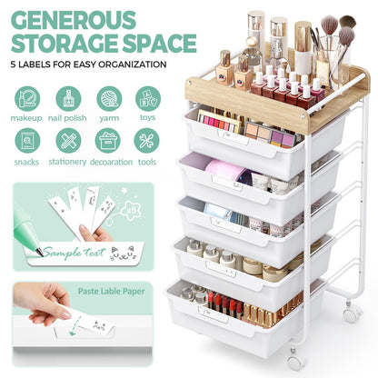 APEXCHASER Utility Cart with 5 Drawers,Rolling Storage Cart for Crafters Artists Kids Teacher Student Storage Arts Crafts & Sewing Study Supplies in Craft Room Dorm Classroom Kids Room-White