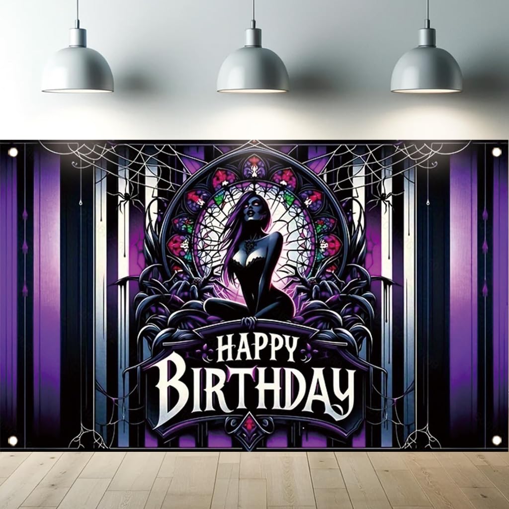 Tomhong Gothic Birthday Banner 71x43 Inch Purple Spider Web Stained Glass Halloween Theme for Gothic Party Decor Wall Hanging
