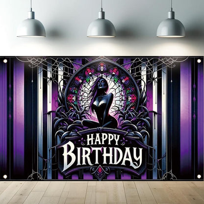 Tomhong Gothic Birthday Banner 71x43 Inch Purple Spider Web Stained Glass Halloween Theme for Gothic Party Decor Wall Hanging