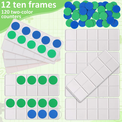 Soulchen 12 Sets Plastic Ten Frames for Classroom Math Manipulatives for Kids Classroom Math Counters Supplies Including 12 Plastic Ten Frames, 120 Counters for Teach Number Concepts (Green,Blue)