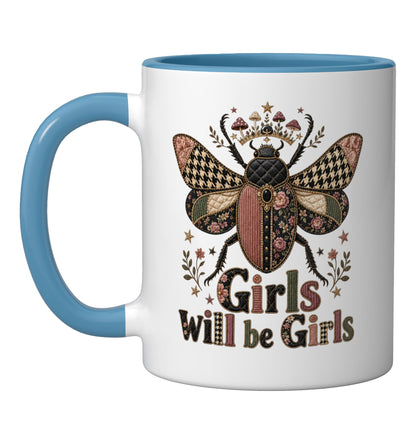 Halloween Cute Beetle Girls Mushrooms Vintage Ceramic Mug, Blue/White