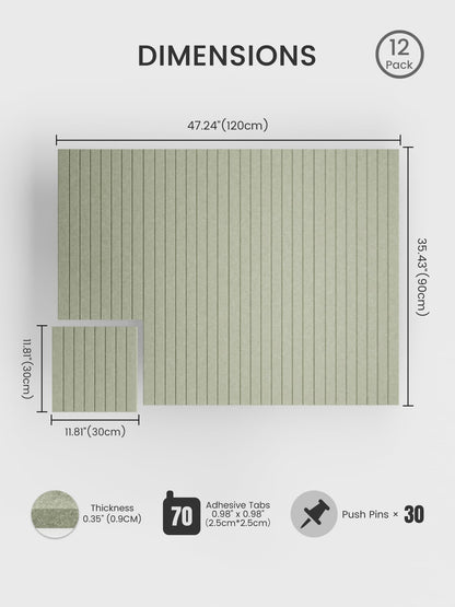 Bumusty Large Cork Board Alternative-48 x 36" Felt Bulletin Board Tiles, with 30 Pushpins, 70 Adhesive Tabs, Fine-Stripe 12-Pack, Cork Boards for Office Push Pin Board Felt Board-Sage
