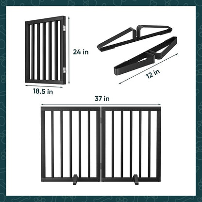 Semiocthome Bamboo Dog Gates Indoor 2-Panel Freestanding Puppy Gates for The House with 2 Metal Stands 24" H Folding Wood Pet Gate for Stairs Doorway, Fully Assembled Safety Fence - Black