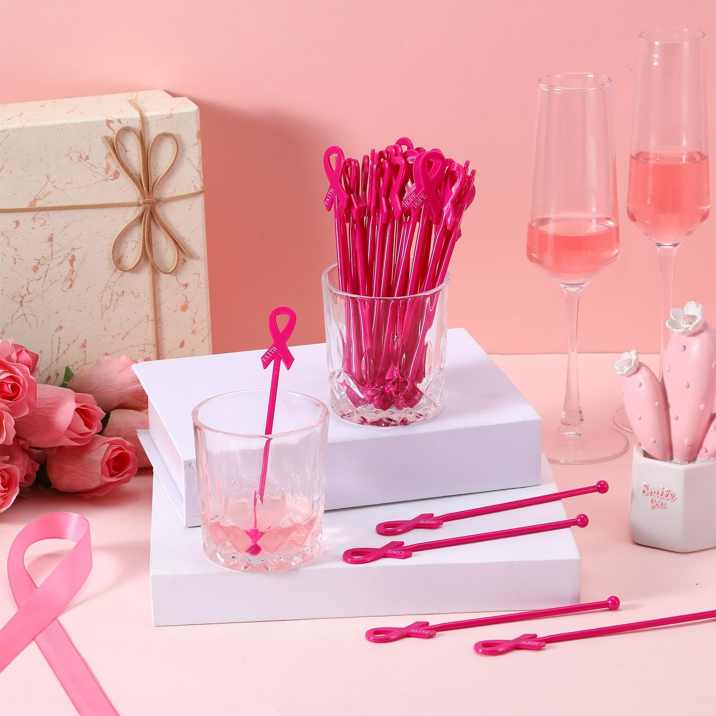 Chengu 90 Pcs Breast Cancer Awareness Drink Stirrers 6 Inch Pink Ribbon Plastic Cocktail Swizzle Sticks Coffee Whiskey Beverage Stirrers for Breast Cancer Awareness Party Decorations