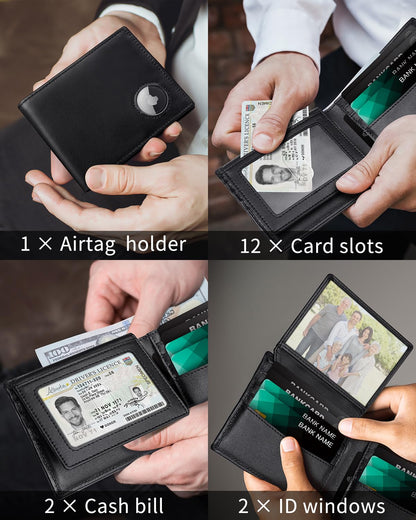 Serovi Mens Wallet with AirTag holder,Genuine Leather Bifold Wallets for Men RFID Blocking With 2 ID Window and 12 Cards Holders Gift Box (Airtag Not included)