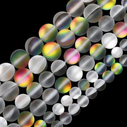 Matte Vitrail Medium Aurora Crystal Glass Beads, 6MM Frosted Glitter Shining Mermaid Round Loose Beads, Rainbow Holographic Synthetic Moonstone for Jewelry Making DIY Bracelet
