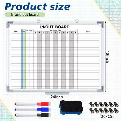 Lincia in and Out Magnetic Dry-Erase Board 18 x 24 Aluminum Framed White Board with Lines 24 Names with Magnetic Dry-Erase Marker, Eraser, and 26 Magnets Wall-Mounted for Office Employee