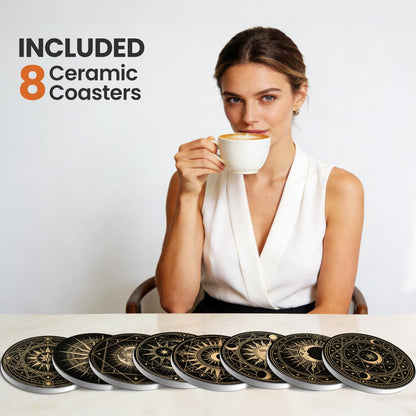 Fun Ceramic Coasters for Drinks, Round Absorbent Drink Coasters Set of 8 with Holder, Moon Phase Coaster with Cork Backing for Table Desk Protection, Mat for Mugs and Cups, Office Home Decor