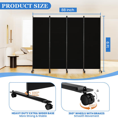 SUNALLY Room Divider 6FT Folding Privacy Screens with Lockable Wheels, 4 Panel Room Partition for Room Separator, 88" W Freestanding Portable Fabric Wall Dividers for Home Dorm Studio Office, Black
