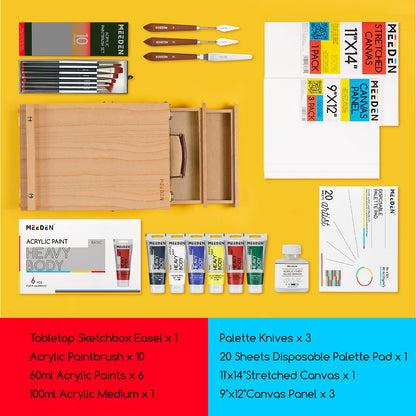 MEEDEN Acrylic Painting Set with Easel: 44 Pcs Art Supplies Painting Kit with Tabletop Box Easel for Adults - 6 Acrylic Paints, Paintbrushes, Canvas, Palettes & Accessories